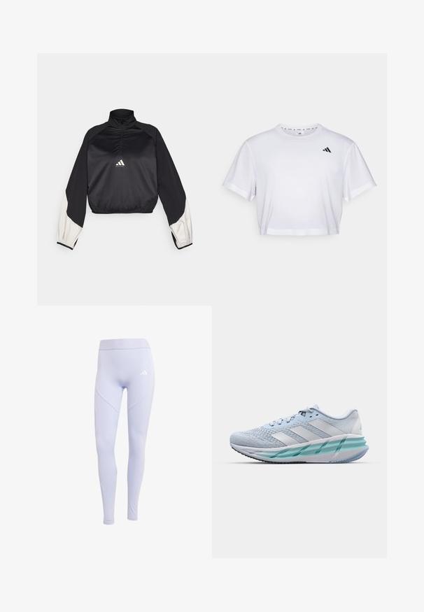 Black sports pullover with high neck and half zip. Features white accent sleeves and elasticized hem. Logo located at chest center. Smooth texture.; White cropped t-shirt made from soft fabric, featuring short sleeves and a round neckline. Black logo on the left chest.; Light purple leggings made of stretchy fabric with a high waistband, featuring a subtle logo and seamless side panel design.; Light blue athletic shoes with a textured knit upper, white accents, and a transparent green midsole. Rounded toe and padded collar.