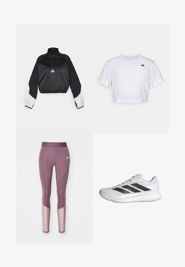 Sort sportslig pullover med høj hals og halv lynlås. Har hvide accentærmer og elastisk kant. Logo placeret på brystet. Glat tekstur.; Hvid crop top lavet af blødt stof, med korte ærmer og rund halsudskæring. Sort logo på venstre bryst.; adidas Performance Tights - shadow fig/white; Hvid atletiksko med en åndbar mesh-overdel, tre sorte striber, letvægts sål og teksturerede detaljer på hælen for støtte.