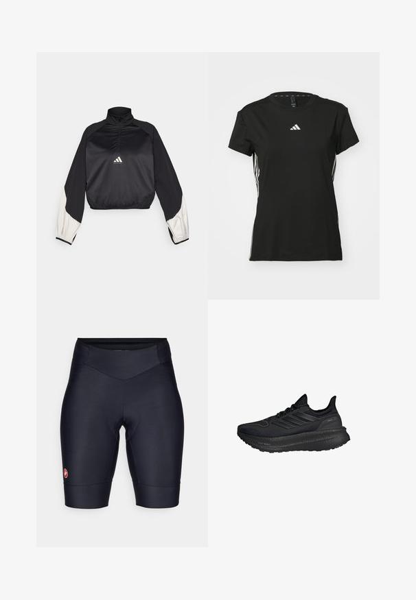 Svart sportsgenser med høy hals og halv glidelås. Har hvite aksentermuffer og elastisk nederkant. Logo plassert på midten av brystet. Glatt tekstur.; Svart atletisk t-skjorte med korte ermer, laget av syntetisk materiale. Har en liten hvit logo på brystet og hvite striper på sidene.; Sorte sykkelshorts laget av elastisk, glatt materiale. Har en polstret chamoisinnsats og en liten merket logo på venstre ben.; Svart treningSko med et strukturert mesh-overdel, tre-farget reflekterende striper og en tykk, polstret svart såle med påskriften "LIGHT BOOST."