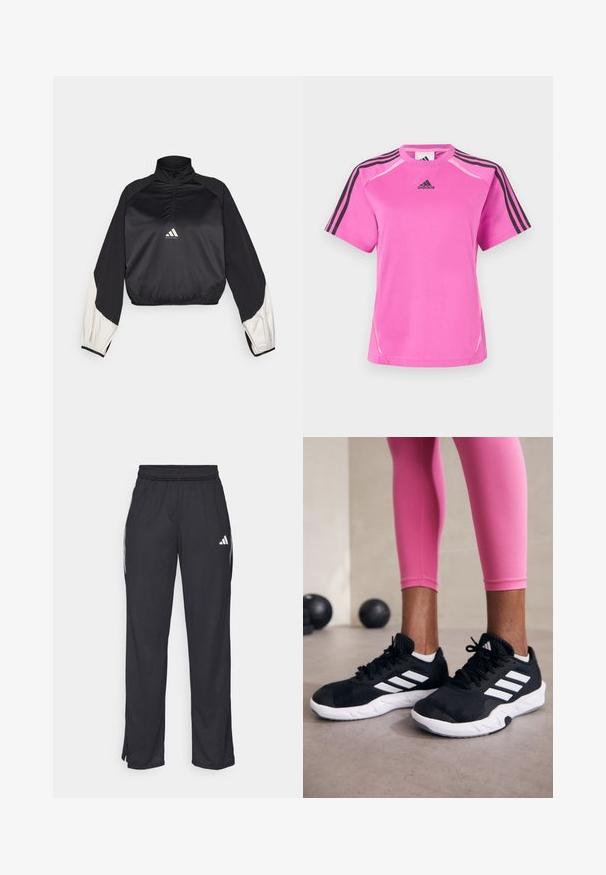 Pullover desportivo preto com gola alta e fecho de meio zip. Apresenta mangas com detalhes brancos e bainha elástica. Logotipo localizado no centro do peito. Textura suave.; T-shirt desportivo Adidas na cor rosa choque com detalhe em preto nas três riscas nas mangas e logotipo Adidas preto no peito.; Calças de atletismo pretas feitas de um tecido leve, com um cós elástico, riscas brancas nas laterais e detalhe do logótipo.; Sapatos de treino pretos com riscas brancas, parte superior em malha texturizada e sola branca. Usados com leggings cor-de-rosa, destacando roupa de treino.
