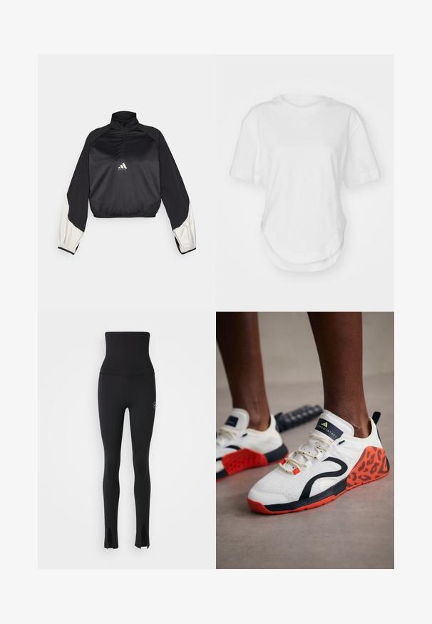 Černý sportovní pulover s vysokým límcem a půlzipem. Má bílé akcentované rukávy a elastické zakončení. Logo umístěné na středu hrudi. Hladká textura.; Bílý bavlněný tričko s kulatým výstřihem, krátkými rukávy a zaobleným lemem. Hladká textura bez vzorů nebo akcentů.; adidas by Stella McCartney Punčochy - black; Bílé atletické boty s černým a oranžovým leopardím potiskem. Mají textilní svršek, gumovou podrážku a systém šněrování.