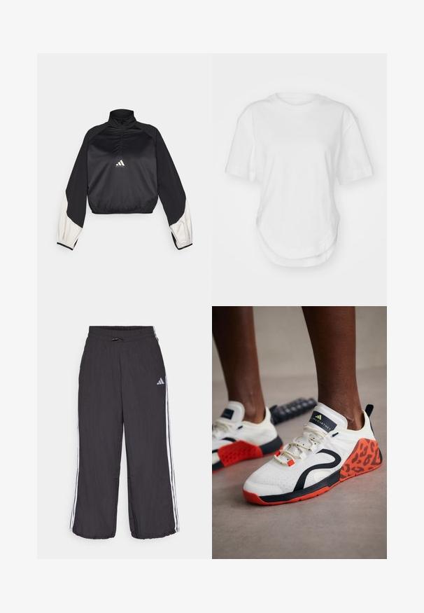 Musta urheilupusero, jossa on korkea kaulus ja puolivetoketju. Ominaisuuksiin kuuluvat valkoiset korostus hihat ja elastinen helma. Logo sijaitsee rintakeskellä. Suloinen rakenne.; Valkoinen puuvillapaita, jossa on pyöreä kaula-aukko, lyhyet hihat ja kaareva helma. Tasainen pinta ilman kuvioita tai korostuksia.; Mustat urheiluhousut joustavalla vyötäröllä, joissa on valkoiset sivu raidat ja huomaamaton brändäys vasemmassa yläreunassa. Kevyt materiaali.; Valkoiset urheilukengät, joissa on musta ja oranssi leopardikuviointi. Ominaisuuksiin kuuluu teksturoitu kangas yläosa, kumipohja ja nauhoitusjärjestelmä.