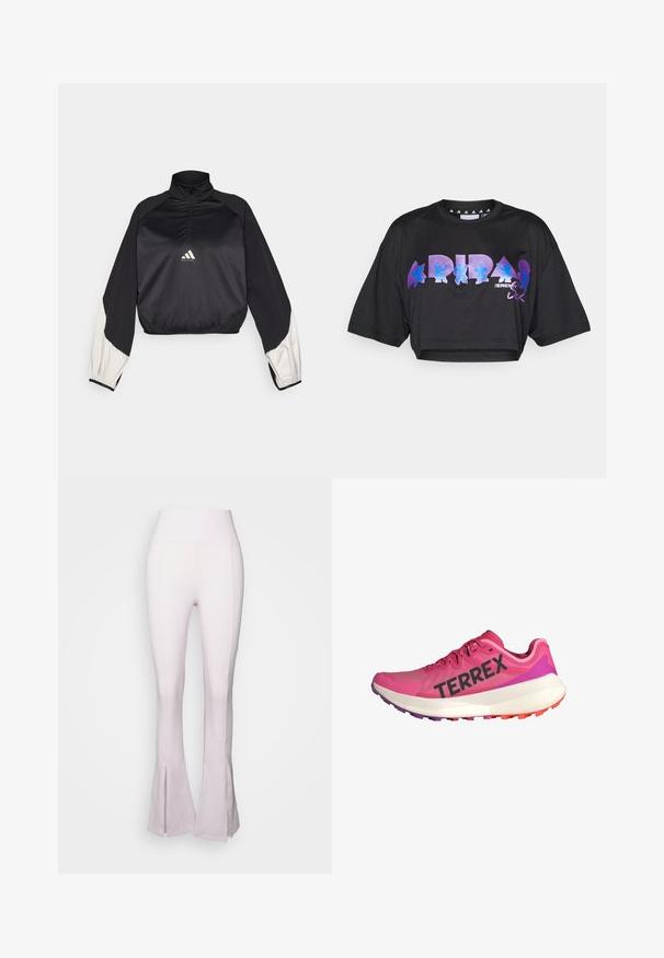 Črn športni pulover z visokim ovratnikom in polovičnim zapenjanjem. Ima bele akcentne rokave in elastičen rob. Logotip je nameščen na sredini prsnega dela. Gladka tekstura.; Črna skrajšana majica iz lahkotnega materiala, ki na sprednji strani vsebuje veliko grafično besedilo v vijolični in modri barvi ter oblikovne elemente, z kratkimi rokavi.; Svetlo roza razširjene hlače z visokim pasom, ki imajo gladko teksturo in razpoko na dnu. Narejene so iz raztegljivega, prilegajočega se materiala.; Roza športna obutev z blagovno znamko "TERREX", lahka mrežasta zgornji del, oblazinjen bel podplat in večbarvna gumijasta zunanjost z oprijemom.