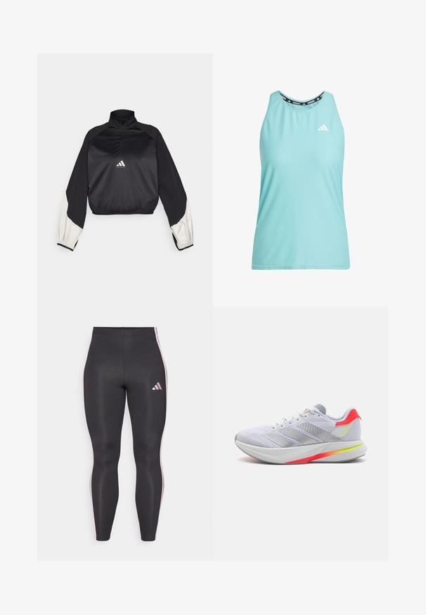 Črn športni pulover z visokim ovratnikom in polovičnim zapenjanjem. Ima bele akcentne rokave in elastičen rob. Logotip je nameščen na sredini prsnega dela. Gladka tekstura.; Svetlo modra atletska majica brez rokavov z mrežasto teksturo, okroglo izrezano ovratnikom in črnim blagovnim znakom. Na sprednji strani je bel logotip.; Črne legice iz gladkega, elastičnega materiala z rožnatimi stranskimi črtami in majhnim rožnatim logotipom na levem stegnu. Prilega se postavi.; Bela atletska čevlja z mrežasto zgornjimi deli, sivi poudarki, odsevne črte in svetlo oranžno-rumena gradientna podloga. Imajo podložen srednji del.