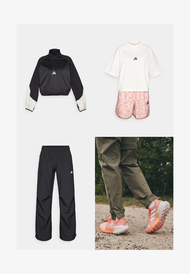 Schwarzer Sportpullover mit hohem Kragen und halbem Reißverschluss. Mit weißen Akzenten an den Ärmeln und elastischem Saum. Logo an der Mitte der Brust platziert. Glatte Textur.; adidas Performance TEE - T-Shirt print - chalk white; Schwarze, leichte, wasserdichte Hosen mit elastischem Bund, seitlichen Taschen und verstellbaren Bündchen. Mit einem weißen Logo am linken Oberschenkel.; Sportlich designte Schuhe mit einem Farbverlauf, hauptsächlich in Pink und Weiß, mit strukturierten Sohlen und kontrastierenden Schnürsenkeln, getragen zu olivgrünen Hosen.