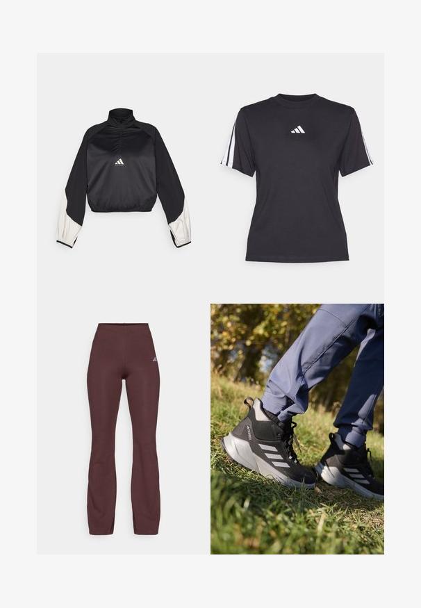 Černý sportovní pulover s vysokým límcem a půlzipem. Má bílé akcentované rukávy a elastické zakončení. Logo umístěné na středu hrudi. Hladká textura.; Černé sportovní tričko vyrobené z měkkého materiálu, s kulatým výstřihem, krátkými rukávy a třemi bílými pruhy na každém rameni. Bílé logo na hrudi.; Bordové sportovní legíny s přiléhavým střihem, hladkou texturou a jemným logem Adidas v světle fialové barvě na levém stehně.; Černé a šedé turistické boty s texturovaným svrškem, polstrovanou podešev a třemi stříbrnými pruhy. Navrženy pro venkovní aktivity.