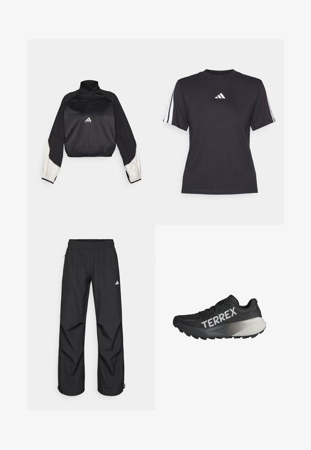 Zwart sportpullover met hoge kraag en halve rits. Voorzien van witte accenten op de mouwen en een elastische zoom. Logo geplaatst op het midden van de borst. Soepele textuur.; Zwarte sport T-shirt van zacht materiaal, met een ronde hals, korte mouwen en drie witte strepen op elke schouder. Witte logo op de borst.; Zwarte, lichtgewicht, waterdichte broek met een elastische tailleband, zijzakken en verstelbare boorden. Voorzien van een wit logo op de linker bovenbeen.; Zwarte hardloopschoen met een gestructureerde bovenkant, prominente "TERREX" logo in het wit, taps toelopend zoolontwerp en een gradiënt grijze accent op de hiel.