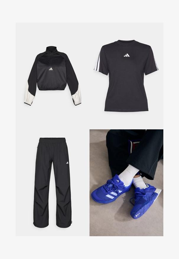 Black sports pullover with high neck and half zip. Features white accent sleeves and elasticized hem. Logo located at chest center. Smooth texture.; Black athletic t-shirt made of soft fabric, featuring a crew neckline, short sleeves, and three white stripes on each shoulder. White logo on chest.; Black, lightweight, waterproof pants with an elastic waistband, side pockets, and adjustable cuffs. Features a white logo on the left thigh.; Royal blue athletic shoes with white accents; mesh upper, textured sides, thick rubber sole, and detailed lacing system.