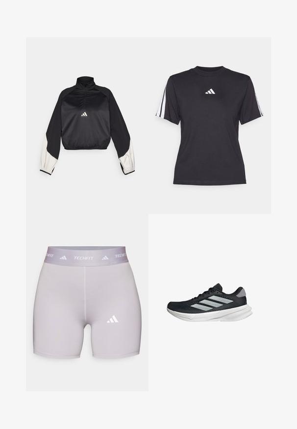 Sudadera deportiva negra con cuello alto y media cremallera. Presenta mangas con acentos en blanco y dobladillo elástico. Logotipo ubicado en el centro del pecho. Textura suave.; Camiseta atlética negra de tejido suave, con cuello redondo, mangas cortas y tres rayas blancas en cada hombro. Logo blanco en el pecho.; adidas Performance TECHFIT SHORT - Leggings - glory grey; Zapatilla de correr negra con parte superior de malla, tres franjas plateadas, media suela blanca y suela texturizada. Incluye un cuello acolchado y cierre de cordones.