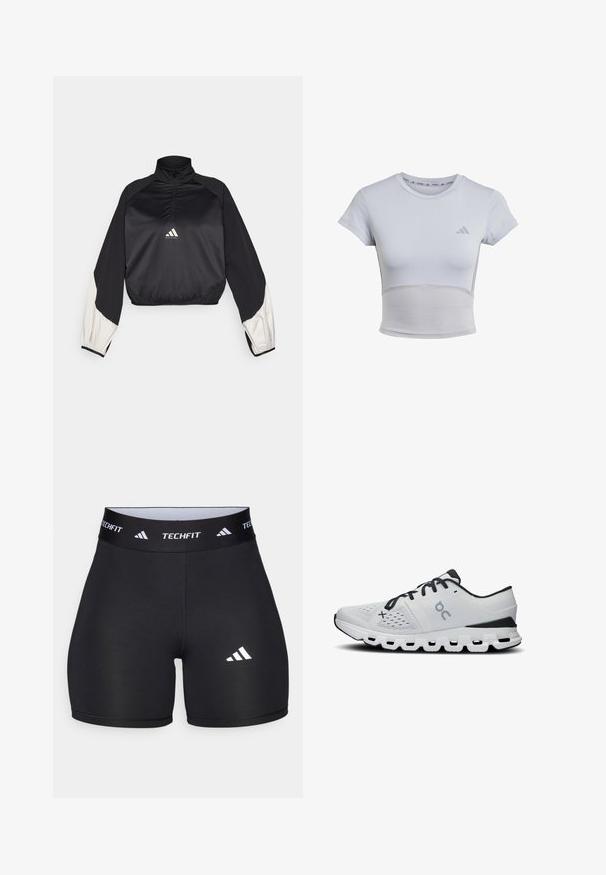 Schwarzer Sportpullover mit hohem Kragen und halbem Reißverschluss. Mit weißen Akzenten an den Ärmeln und elastischem Saum. Logo an der Mitte der Brust platziert. Glatte Textur.; adidas Performance Sport T-Shirt - halo silver grey; Schwarze Shorts aus dehnbarem Stoff mit passgenauer Passform. Verfügt über einen breiten schwarzen Bund, der mit "TECHFIT" beschriftet ist, und ein weißes Logo am Bein.; Herren-Laufschuhe aus weißem Mesh mit schwarzen Akzenten. Verfügt über ein strukturiertes Obermaterial, Schnürverschluss und eine klobige weiße Sohlenkonstruktion mit Ausschnitten.