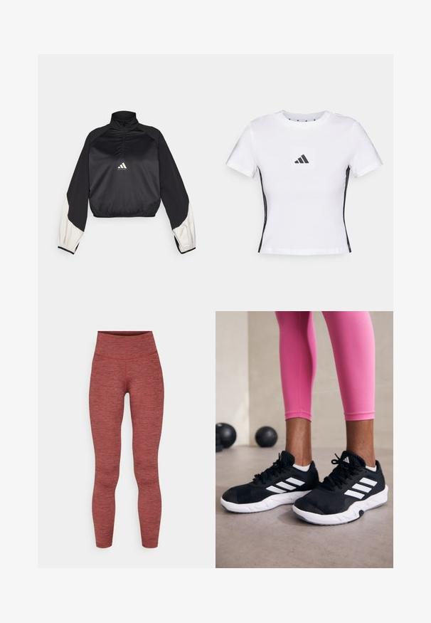 Pull-over de sport noir avec col montant et demi-fermeture éclair. Manches à accents blancs et taille élastiquée. Logo situé au centre de la poitrine. Texture lisse.; T-shirt blanc à manches courtes en coton, avec un logo Adidas noir dans un patch carré et des accents latéraux noirs. Col rond classique.; Leggings taille haute en tissu bordeaux texturé. Présente un design sans coutures avec une silhouette ajustée et sans matériel visible.; Baskets de sport noires avec des rayures blanches, tige en mesh texturé et semelle blanche. Portées avec des leggings roses, mettant en valeur des vêtements d'entraînement.
