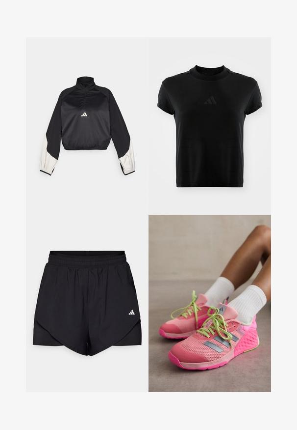 Zwart sportpullover met hoge kraag en halve rits. Voorzien van witte accenten op de mouwen en een elastische zoom. Logo geplaatst op het midden van de borst. Soepele textuur.; Zwarte t-shirt met korte mouwen van gladde stof. Heeft een ronde hals en een reliëf Adidas-logo op de voorkant.; Zwarte sportshorts met een gelaagd ontwerp, gemaakt van lichtgewicht stof. Voorzien van een elastische tailleband en een klein wit logo aan de zijkant.; adidas Performance DROPSET 3 - Trainingsschoen - semi pink spark/iron metallic/silver dawn