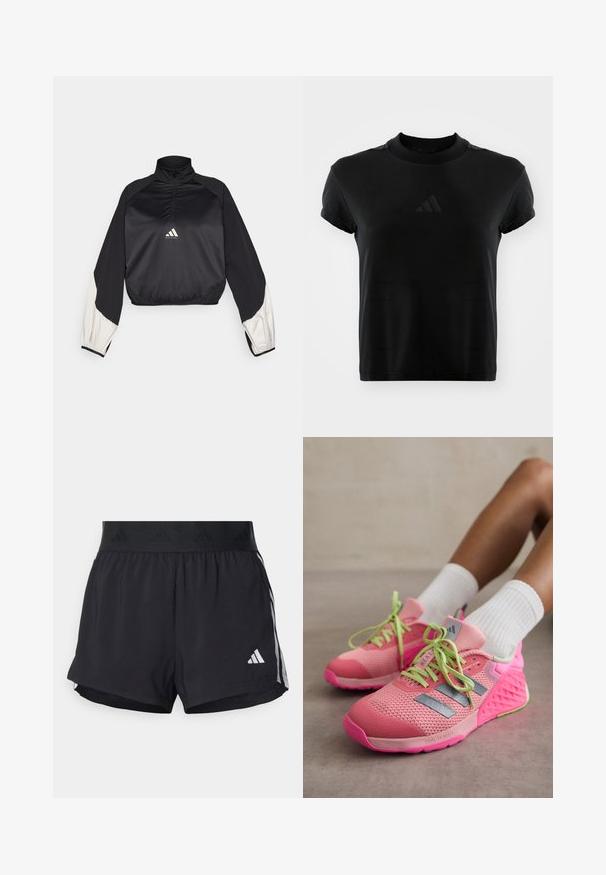 Čierny športový pulóver s vysokým golierom a polovičným zipsom. Obsahuje biele akcentové rukávy a elastický lem. Logo umiestnené na strede hrude. Hladká textúra.; Čierne tričko s krátkym rukávom vyrobené z hladkej tkaniny. Obsahuje okrúhly výstrih a embosované logo Adidas na prednej strane.; Čierne športové šortky s elastickým pásom, ktorý má textúrovanú pruh, bočné pruhy a biely logo Adidas na dolnom leme.; adidas Performance DROPSET 3 - Tréningová obuv - semi pink spark/iron metallic/silver dawn