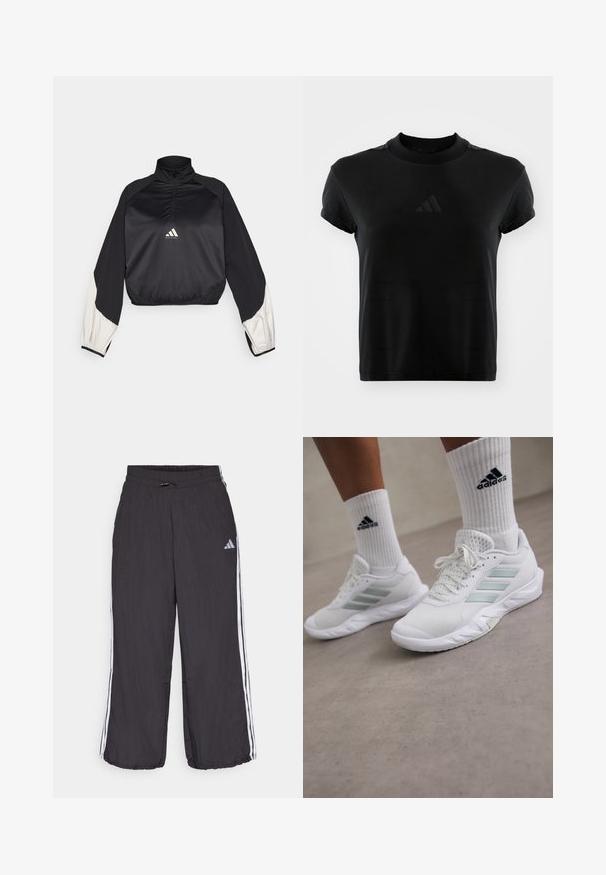 Pullover sportivo nero con collo alto e mezza zip. Presenta maniche con dettagli bianchi e orlo elasticizzato. Logo posizionato al centro del petto. Texture liscia.; T-shirt nera a maniche corte realizzata in un tessuto morbido. Presenta un collo rotondo e un logo Adidas in rilievo sul davanti.; Pantaloni sportivi neri con cintura elasticizzata, dotati di strisce laterali bianche e un logo discreto sulla parte superiore della gamba sinistra. Materiale leggero.; Scarpe da atletica bianche con tomaia in rete e accenti verde chiaro, caratterizzate da un design a tre strisce e suola in gomma. Indossate con calze bianche a metà polpaccio.
