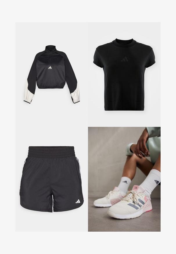 Czarny sportowy pulower z wysokim kołnierzem i półzapięciem. Posiada białe akcenty na rękawach i elastyczny dół. Logo umieszczone na środku klatki piersiowej. Gładka faktura.; Czarna koszulka z krótkim rękawem wykonana z gładkiego materiału. Posiada okrągły dekolt oraz wytłoczone logo Adidas z przodu.; Czarne spodenki sportowe z elastycznym paskiem w talii, bocznymi kieszeniami oraz białymi akcentami wzdłuż boków. Wykonane z lekkiego materiału.; adidas Performance DROPSET 3 biały