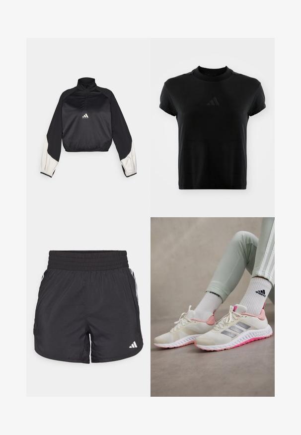 Crni sportski pulover s visokim ovratnikom i polu zatvaračem. Ima bijele akcentirane rukave i elastičnu donju rub. Logo se nalazi u središnjem delu grudi. Glatka tekstura.; Crna majica kratkih rukava napravljena od glatkog materijala. Ima okrugli izrez i utisnuti Adidas logo sprijeda.; Crne atletske kratke hlače s elastičnom trakom u struku, bočnim džepovima i bijelim prugama sa strane. Izrađene su od laganog materijala.; Bijele atletske tenisice s svijetlo ružičastim akcentima i srebrnim bočnim trakama. Tekstilirani gornji dio od tkanine s gumenim potplatom koji ima ružičasti donji dio.
