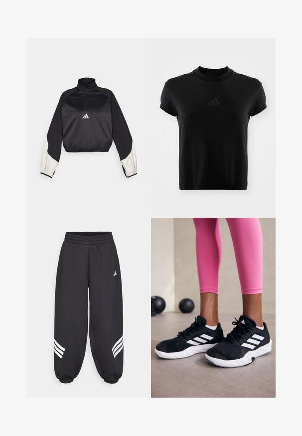 Črn športni pulover z visokim ovratnikom in polovičnim zapenjanjem. Ima bele akcentne rokave in elastičen rob. Logotip je nameščen na sredini prsnega dela. Gladka tekstura.; Črn kratkoročni T-majica iz gladkega materiala. Ima okroglo ovratnik in izbokljen logotip Adidas spredaj.; adidas Sportswear FUTURE ICONS THREE STRIPES PARACHUTE - Spodnji deli trenirk - black; Črne športne čevlje z belimi črtami, teksturirano mrežasto zgornjišče in belo podplat. Obuti z roza legginsom, ki prikazujejo športno obleko.
