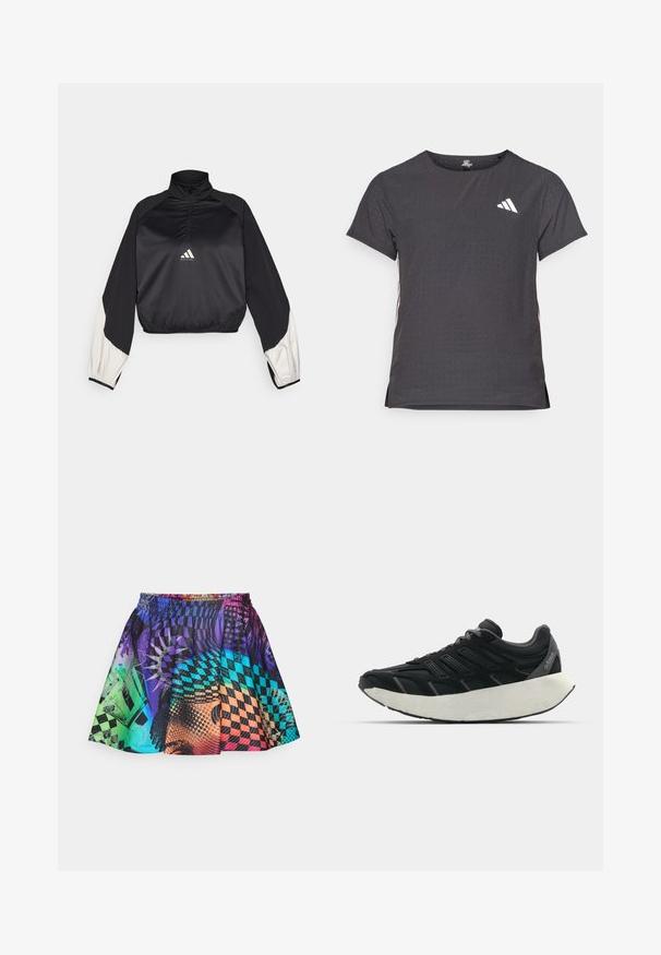 Schwarzer Sportpullover mit hohem Kragen und halbem Reißverschluss. Mit weißen Akzenten an den Ärmeln und elastischem Saum. Logo an der Mitte der Brust platziert. Glatte Textur.; Kurze Ärmel Sport-T-Shirt, dunkelgrau mit durchbrochener Textur. Enthält ein weißes Logo und kontrastierende Seitenstreifen. Runder Ausschnitt.; Bunt gemusterter Minirock mit elastischem Bund, gefertigt aus leichtem Stoff mit einem lebhaften geometrischen Muster in Lila, Blau und Grün.; Schwarzer Sportschuh mit strukturiertem Obermaterial, mehreren grauen Akzenten und einer dicken weißen Zwischensohle. Leichtes Design mit atmungsaktivem Material.