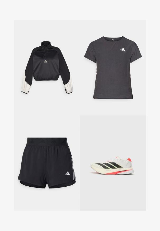 Pull-over de sport noir avec col montant et demi-fermeture éclair. Manches à accents blancs et taille élastiquée. Logo situé au centre de la poitrine. Texture lisse.; T-shirt de sport à manches courtes, gris foncé avec une texture perforée. Présente un logo blanc et des rayures latérales contrastantes. Encolure arrondie.; Shorts de sport noirs avec une taille élastique, dotés d'une bande texturée, de rayures sur les côtés, et d'un logo Adidas blanc sur l'ourlet inférieur.; Baskets de course blanches avec des rayures noires, des accents vert fluo et un talon rouge. Elles disposent d'un dessus en maille texturée et d'une semelle légère pour le confort.