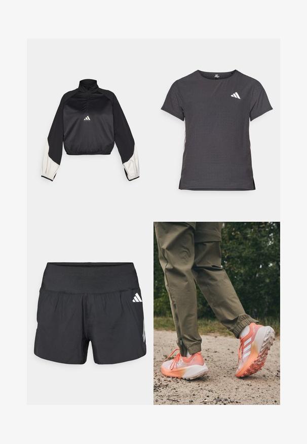 Black sports pullover with high neck and half zip. Features white accent sleeves and elasticized hem. Logo located at chest center. Smooth texture.; Short-sleeve athletic t-shirt, dark gray with perforated texture. Features a white logo and contrasting side stripes. Rounded neckline.; Black athletic shorts featuring a wide elastic waistband, lightweight fabric, and white logo accents on the lower side.; Sport shoes with a gradient design, primarily in pink and white, featuring textured soles and contrasting laces, worn with olive green pants.