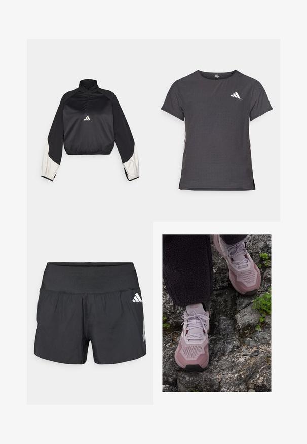 Čierny športový pulóver s vysokým golierom a polovičným zipsom. Obsahuje biele akcentové rukávy a elastický lem. Logo umiestnené na strede hrude. Hladká textúra.; Tričko s krátkym rukávom pre šport, tmavosivé s perforovanou textúrou. Obsahuje biele logo a kontrastné bočné pruhy. Okrúhly výstrih.; Čierne atletické šortky s širokým elastickým pásom, ľahkým materiálom a bielymi logami na dolnej strane.; Svetlofialové športové topánky s textúrovaným sieťovinovým zvrškom, spevnenou špičkou a gumovou podrážkou, položené na kamenistom teréne s zelenými akcentmi.