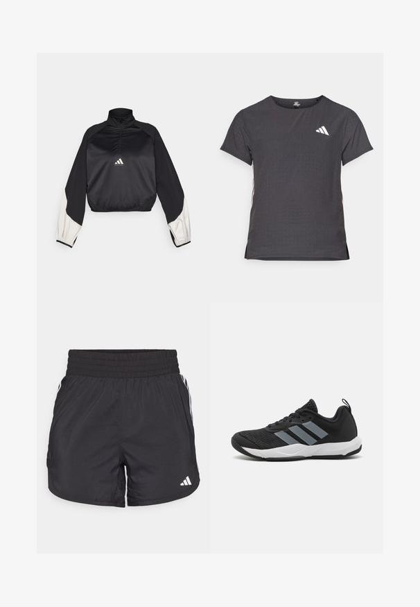 Fekete sportpulóver magas nyakkal és fél cipzárral. Fehér díszujjak és elasztikus alsó rész jellemzi. A logó a mellkason helyezkedik el. Sima textúrájú.; Rövid ujjú sport póló, sötétszürke perforált textúrával. Fehér logóval és kontrasztos oldalsávokkal rendelkezik. Kerek nyakkal.; Fekete sportnadrág elasztikus derékkal, oldalsó zsebekkel és fehér csíkkal az oldalán. Könnyű anyagból készült.; Fekete sportcipő világosszürke csíkokkal, texturált hálós felsőrésszel, fekete fűzőkkel és fehér talppal. A sarkán húzófül található.
