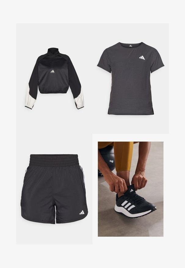 Fekete sportpulóver magas nyakkal és fél cipzárral. Fehér díszujjak és elasztikus alsó rész jellemzi. A logó a mellkason helyezkedik el. Sima textúrájú.; Rövid ujjú sport póló, sötétszürke perforált textúrával. Fehér logóval és kontrasztos oldalsávokkal rendelkezik. Kerek nyakkal.; Fekete sportnadrág elasztikus derékkal, oldalsó zsebekkel és fehér csíkkal az oldalán. Könnyű anyagból készült.; Fekete sportcipő fehér csíkokkal, textúrált felsőrésszel és gumitalppal. A személy a zokni mandzsettáját állítja, miközben egy szürke felületen ül.