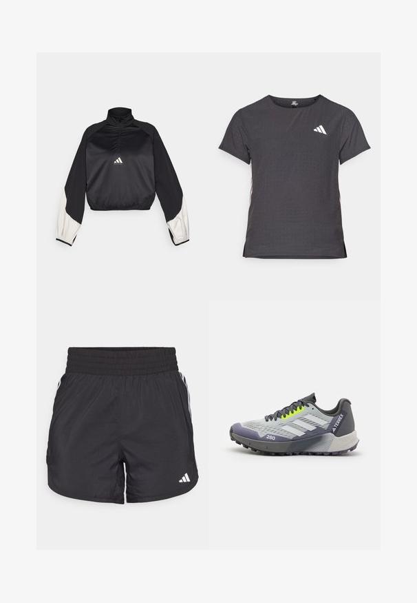 Svart sportströja med hög krage och halv dragkedja. Har vita accentärmar och resår i nederkanten. Logotypen är placerad i mitten av bröstet. Slät textur.; Kortärmad atletisk t-shirt, mörkgrå med perforerad textur. Har en vit logotyp och kontrasterande sidostripes. Rundad halsringning.; Svarta träningsshorts med elastisk midja, sidfickor och vita randkonturer på sidorna. Tillverkade av lätt material.; Adidas Terrex AGRAVIC FLOW 2.0 - Löparskor terräng - silver/crystal white/lucid lemon