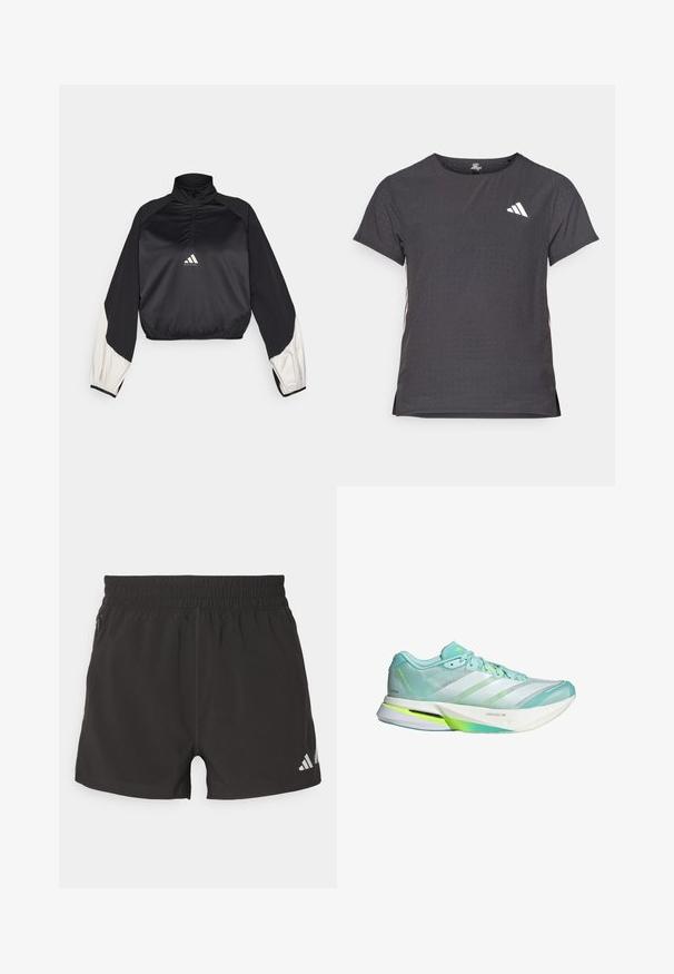 Pull-over de sport noir avec col montant et demi-fermeture éclair. Manches à accents blancs et taille élastiquée. Logo situé au centre de la poitrine. Texture lisse.; T-shirt de sport à manches courtes, gris foncé avec une texture perforée. Présente un logo blanc et des rayures latérales contrastantes. Encolure arrondie.; Shorts de sport noirs en tissu léger. Dotés d'une taille élastique, d'une poche zippée sur le côté et d'un logo réfléchissant sur l'ourlet.; Chaussure de course légère en vert menthe et blanc, avec une tige en maille et une semelle flexible. Elle présente trois rayures et un contre-pointe texturé.