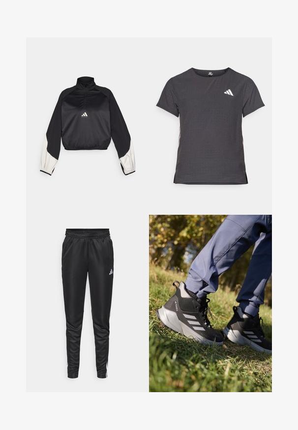 Černý sportovní pulover s vysokým límcem a půlzipem. Má bílé akcentované rukávy a elastické zakončení. Logo umístěné na středu hrudi. Hladká textura.; Kraťasový sportovní tričko, tmavě šedé barvy s perforovanou texturou. Obsahuje bílé logo a kontrastní boční pruhy. Kulatý výstřih.; Černé sportovní kalhoty vyrobené z hladkého, lehkého materiálu, s elastickým pasem a bílými bočními pruhy, s malým logem na levém stehně.; Černé a šedé turistické boty s texturovaným svrškem, polstrovanou podešev a třemi stříbrnými pruhy. Navrženy pro venkovní aktivity.