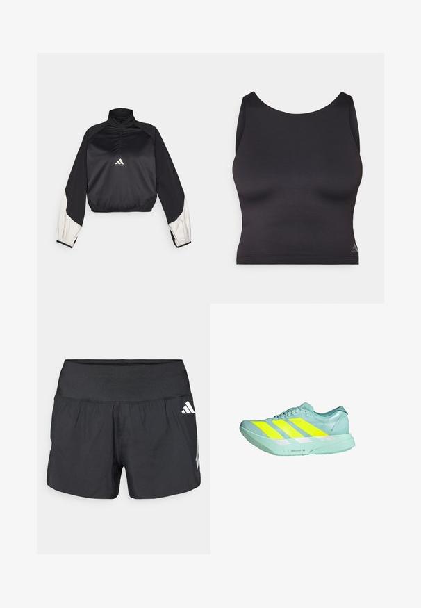 Schwarzer Sportpullover mit hohem Kragen und halbem Reißverschluss. Mit weißen Akzenten an den Ärmeln und elastischem Saum. Logo an der Mitte der Brust platziert. Glatte Textur.; Schwarzes sportliches Crop-Top aus glattem, elastischem Material mit runder Ausschnittform und ärmellosem Design. Mit dezentem Logo-Detail.; Schwarze Sportshorts mit einem breiten elastischen Bund, leichtem Stoff und weißen Logoakzenten an der unteren Seite.; Leichte Laufsohle in mintgrün mit drei auffälligen gelben Streifen. Besitzt eine glatte Oberfläche, reflektierende Akzente und eine gepolsterte Sohle.