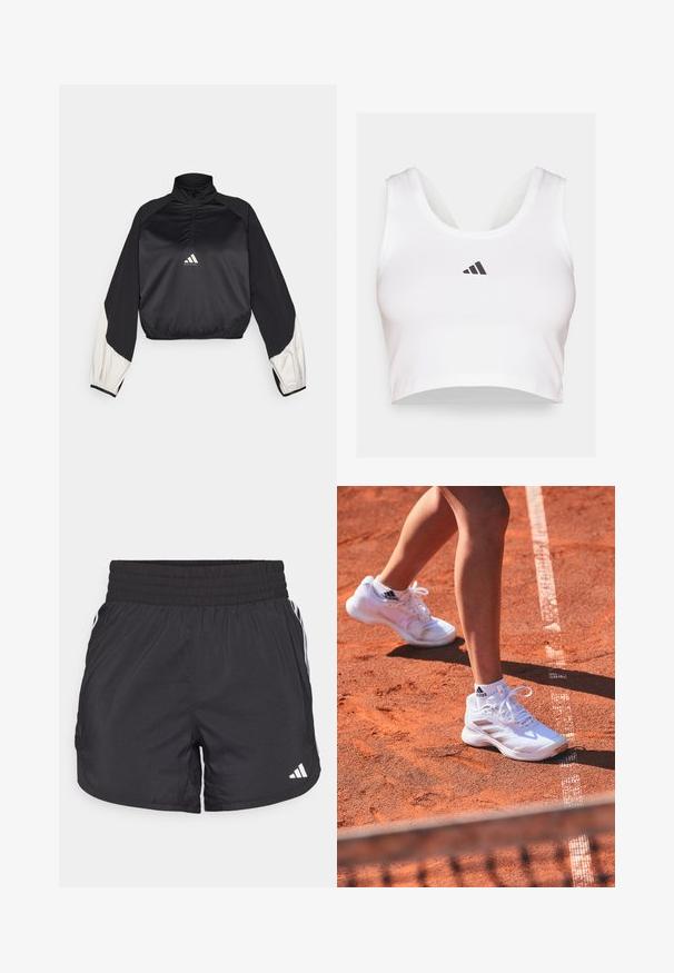 Juodas sportinis megztinis su aukštu kaklu ir pusiau užtrauktuku. Savybės: balti akcentai ant rankovių ir elastingas apatinis kraštas. Logo esantis krūtinės centre. Lygi tekstūra.; Balta trumpa palaidinė, pagaminta iš minkštos medžiagos, su apvaliu iškirpimu ir juodu Adidas logotipu priekyje. Lygi tekstūra, be rankovių dizainas.; Juodos sportinės šortai su elastingu juosmeniu, šoninėmis kišenėmis ir baltais juostelėmis šonuose. Pagaminti iš lengvos medžiagos.; Baltos sportinės bateliai su tekstūruotais paviršiais ir raišteliais, turintys šonines juostas, avimi su baltais kojiniais oranžinio molio aikštelėje.