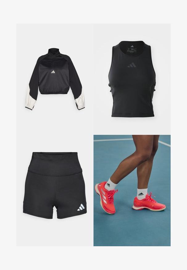 Pullover sportivo nero con collo alto e mezza zip. Presenta maniche con dettagli bianchi e orlo elasticizzato. Logo posizionato al centro del petto. Texture liscia.; Top fitness nero accorciato realizzato in tessuto liscio ed elastico; presenta un collo rotondo e un piccolo logo riflettente sul davanti.; adidas Performance Leggings - black; Scarpe da ginnastica di un luminoso colore rosa con accenti e lacci bianchi, caratterizzate da una texture liscia e una suola in gomma, indossate con calze bianche Adidas.