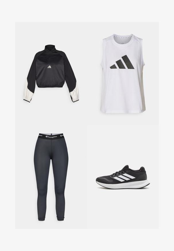Svart sportsgenser med høy hals og halv glidelås. Har hvite aksentermuffer og elastisk nederkant. Logo plassert på midten av brystet. Glatt tekstur.; Hvit ermeløs treningstopp med rund hals, som har en stor svart Adidas-logo bestående av tre striper på forsiden.; Svarte atletiske tights laget av et glatt, elastisk stoff. Har bred midjebånd med "Champion"-logo og tettsittende silhuett.; Sorte atletiske sko med mesh overdel, rund tå og tre hvite striper på siden. Lett såle med teksturert gummisåle for godt grep.