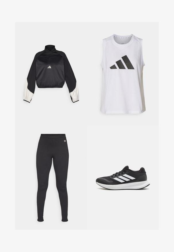 Svart sportsgenser med høy hals og halv glidelås. Har hvite aksentermuffer og elastisk nederkant. Logo plassert på midten av brystet. Glatt tekstur.; Hvit ermeløs treningstopp med rund hals, som har en stor svart Adidas-logo bestående av tre striper på forsiden.; Sorte tights laget av et elastisk materiale, med høyt liv og en liten logodetalj på venstre hofte. Glatt tekstur.; Sorte atletiske sko med mesh overdel, rund tå og tre hvite striper på siden. Lett såle med teksturert gummisåle for godt grep.