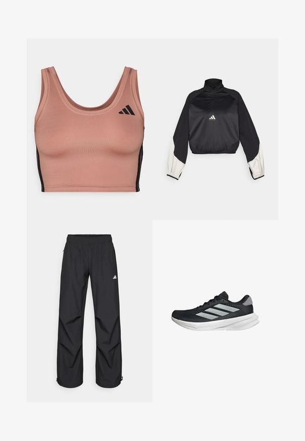 Zwart sportpullover met hoge kraag en halve rits. Voorzien van witte accenten op de mouwen en een elastische zoom. Logo geplaatst op het midden van de borst. Soepele textuur.; Sportbeha in zacht, rozenroze stof met een ronde halslijn, zwarte zijkanten en subtiele logo-accenten. Aangepaste pasvorm met een gladde textuur.; Zwarte, lichtgewicht, waterdichte broek met een elastische tailleband, zijzakken en verstelbare boorden. Voorzien van een wit logo op de linker bovenbeen.; Zwarte hardloopschoen met een mesh bovenzijde, drie zilveren strepen, witte middenzool en een gestructureerde loopzool. Heeft een gevoerde kraag en een vetersluiting.