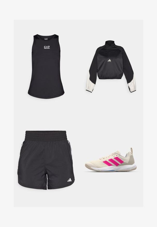 Μαύρο αθλητικό πουλόβερ με ψηλό λαιμό και μισό φερμουάρ. Διαθέτει λευκά μανίκια και ελαστική μέση. Το λογότυπο βρίσκεται στο κέντρο του στήθους. Απαλή υφή.; Μαύρη αμάνικη μπλούζα φτιαγμένη από απαλό ύφασμα. Διαθέτει στρογγυλή λαιμόκοψη και λευκό λογότυπο EA7 στο στήθος. Απλός σχεδιασμός, χωρίς μοτίβα.; Μαύρα αθλητικά σορτς με ελαστική μέση, πλαϊνές τσέπες και άσπρες ρίγες στα πλάγια. Φτιαγμένα από ελαφρύ υλικό.; Μπεζ αθλητικά παπούτσια με ροζ λογότυπο τριών λωρίδων, πλεχτό πάνω μέρος, επενδεδυμένο κολάρο και λευκή καουτσούκ σόλα, με την επωνυμία "LIGHTSTRIKE".