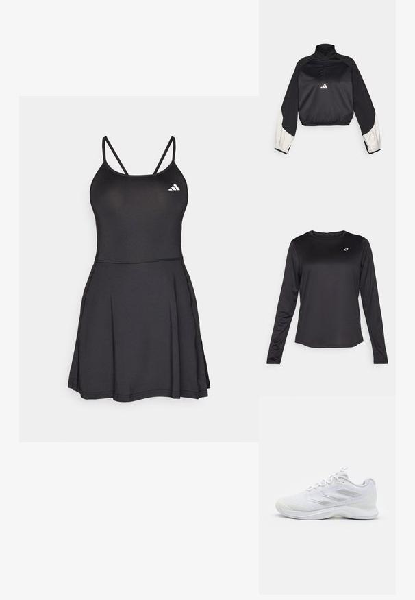 Crni sportski pulover s visokim ovratnikom i polu zatvaračem. Ima bijele akcentirane rukave i elastičnu donju rub. Logo se nalazi u središnjem delu grudi. Glatka tekstura.; Crna majica dugih rukava za sport izrađena od lagane tkanine. Ima okrugli izrez i mali logo na grudima. Glatka tekstura.; Crna atletska haljina s uskim korzetom, tankim trakama i lepršavom suknjom. Sadrži Adidas logo u bijeloj boji na gornjoj lijevoj strani. Glatka tekstura.; Bijela sportska tenisica s mrežastim gornjim dijelom, tri teksturirane pruge sa strane, zatvaranje na vezanje i podnožje s amortizacijom za sport ili svakodnevno nošenje.