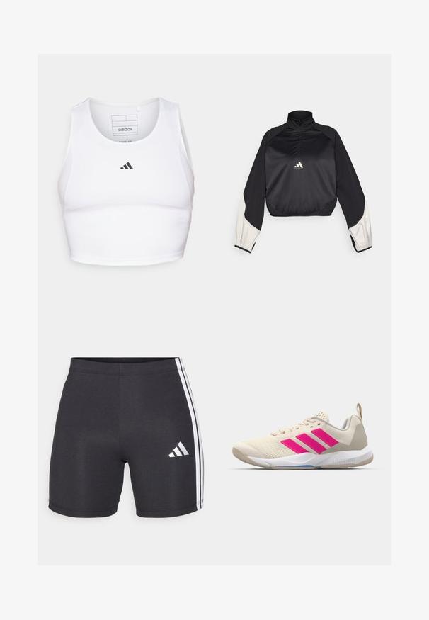 Pulover sport negru cu guler înalt și fermoar pe jumătate. Are mâneci cu accent alb și tiv elasticizat. Logo situat în centrul pieptului. Textură netedă.; Top sportiv alb, scurt, realizat dintr-un material ușor și respirabil. Prezintă panouri laterale din plasă și un logo brodat negru pe piept.; Șorturi atletice negre dintr-un material elastic, cu dungi albe pe laterale și un logo Adidas pe piciorul din dreapta jos. Textură netedă.; Pantof de sport bej cu logo în trei dungi roz, superior din plasă texturată, guler căptușit și talpă din cauciuc alb, având marca "LIGHTSTRIKE".