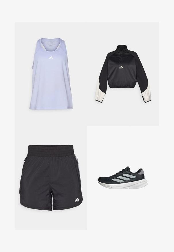 Pullover sportivo nero con collo alto e mezza zip. Presenta maniche con dettagli bianchi e orlo elasticizzato. Logo posizionato al centro del petto. Texture liscia.; Canottiera sportiva viola chiaro con design a schiena scoperta. Presenta un piccolo logo biancho di Adidas sul petto. Realizzata in tessuto liscio e traspirante.; Pantaloni sportivi neri con elastico in vita, tasche laterali e strisce bianche ai lati. Realizzati in materiale leggero.; Scarpa da corsa nera con tomaia in mesh, tre strisce argentate, intersuola bianca e suola testurizzata. Presenta un colletto imbottito e chiusura con lacci.
