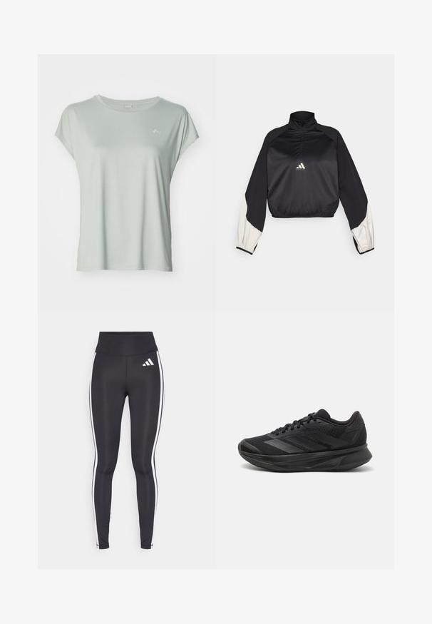 Sort sportslig pullover med høj hals og halv lynlås. Har hvide accentærmer og elastisk kant. Logo placeret på brystet. Glat tekstur.; ONLY Play ONPAUBREE LIFE ON BAT LOOSE - Sports T-shirts - aqua gray; Sorte leggings med høj talje, med hvide sidestriber og et lille hvidt logo på den øverste venstre lår. Fremstillet af glat, strækbart materiale.; Sort løbesko med en åndbar mesh-overdel, afrundet tå, strømlinet design, teksturerede detaljer og en polstret sål for komfort.