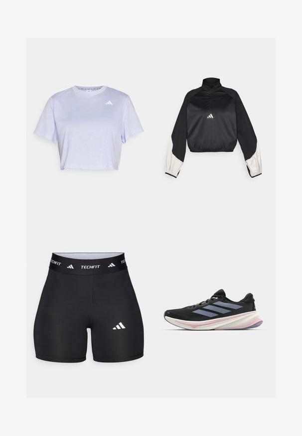 Must mustamet spordipullover kõrge kaeluse ja pool-äkkuga. Omab valge aktsendiga varrukaid ja elastset hemmi. Logo asub rinna keskel. Sile tekstuur.; Lühikeste varrukatega lühikeses t-särgis heledas lavendlis, valmistatud pehmest kangast. Esiküljel on vasakus ülanurgas väike valge logo.; Mustad mustad mustarid elastse materjaliga, millel on kehaümberpüüdmisel põhinev disain. Omab laia musta kummivöötlust, millel on kiri "TECHFIT" ja valge logo jalal.; Musts jooksujalanõud, millel on võrgusilmast ülemine osa, heledad lillad aktsendid ja kolm horisontaalset halli triipu. Omab mugavat polsterdatud tallat.