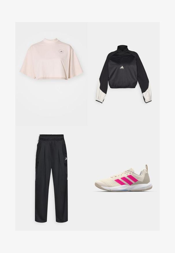 Black sports pullover with high neck and half zip. Features white accent sleeves and elasticized hem. Logo located at chest center. Smooth texture.; Cropped t-shirt in light pink cotton, featuring a mock neck and short, wide sleeves. Includes a subtle round logo detail on chest.; Black athletic pants with pleats, elastic waistband, and side stripes. Made from smooth fabric, featuring the Adidas logo in white.; Beige athletic shoe with pink three-stripe logo, textured mesh upper, padded collar, and white rubber sole, featuring "LIGHTSTRIKE" branding.