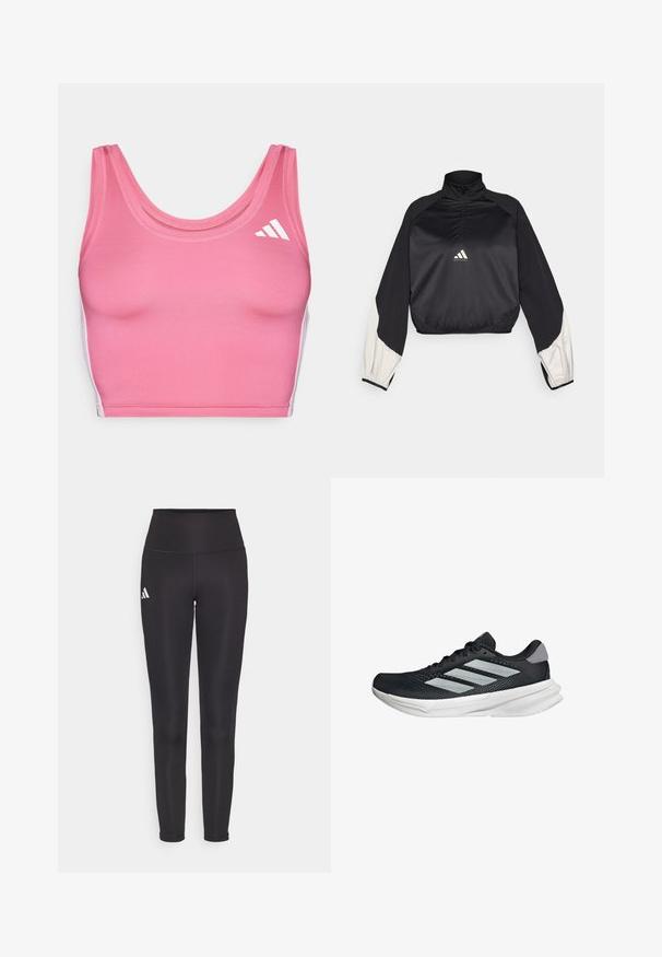 Sudadera deportiva negra con cuello alto y media cremallera. Presenta mangas con acentos en blanco y dobladillo elástico. Logotipo ubicado en el centro del pecho. Textura suave.; Top corto atlético rosa fabricado en material elástico, que presenta un escote redondo y acentos de logo blanco en el lado izquierdo.; Leggings negros de cintura alta hechos de tejido elástico. Presenta un logo blanco en el lado izquierdo y un diseño elegante y sin costuras. Textura suave.; Zapatilla de correr negra con parte superior de malla, tres franjas plateadas, media suela blanca y suela texturizada. Incluye un cuello acolchado y cierre de cordones.