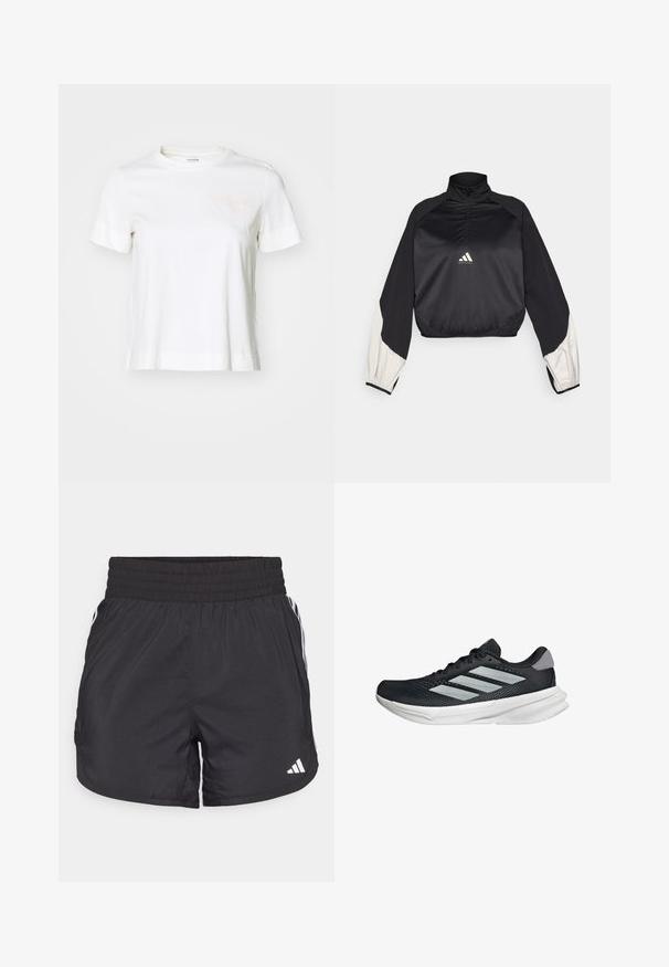 Sudadera deportiva negra con cuello alto y media cremallera. Presenta mangas con acentos en blanco y dobladillo elástico. Logotipo ubicado en el centro del pecho. Textura suave.; Camiseta blanca de manga corta hecha de algodón con un cuello redondo, que presenta texto rosa claro "BJÖRN BORG" en el área del pecho izquierdo.; Pantalones cortos deportivos negros con cintura elástica, bolsillos laterales y detalles de rayas blancas en los lados. Hechos de un material ligero.; Zapatilla de correr negra con parte superior de malla, tres franjas plateadas, media suela blanca y suela texturizada. Incluye un cuello acolchado y cierre de cordones.