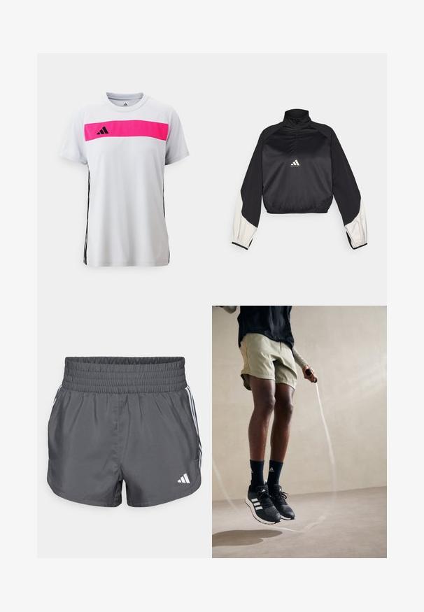 Must mustamet spordipullover kõrge kaeluse ja pool-äkkuga. Omab valge aktsendiga varrukaid ja elastset hemmi. Logo asub rinna keskel. Sile tekstuur.; Valge sportlik T-särk roosa horisontaalse triibuga rindkere kohal, must adidas'i logo ja mustad külgaktsentid. Lühikesed varrukad, ümmargune kaelus.; Hallide hallid lühikesed püksid elastse vöökohtaga, valgete aktsenttriipudega ja logoga paremas alumises nurgas. Sujuv tekstuur.; Mustad mustad spordijalanõud valgete triipudega, oliivrohelised lühikesed püksid ja tumesinised sokid. Üksikisikul on käes hüppenöör. Neutraalne taust.