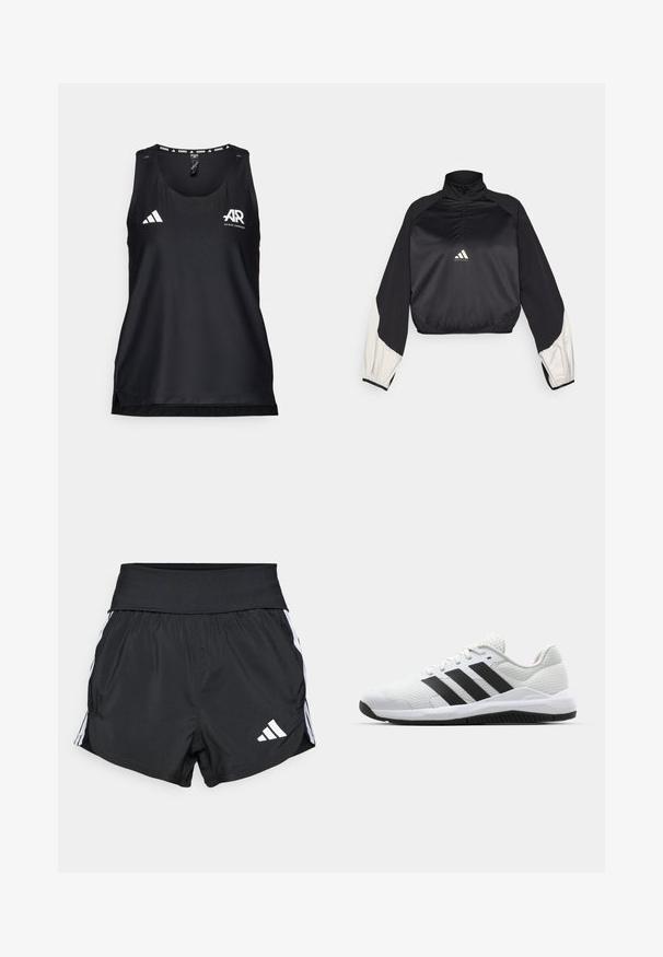Črn športni pulover z visokim ovratnikom in polovičnim zapenjanjem. Ima bele akcentne rokave in elastičen rob. Logotip je nameščen na sredini prsnega dela. Gladka tekstura.; Črn atletski top brez rokavov, izdelan iz zračnega materiala. Ima okroglo izrezovanje, običajen kroj in belo Adidasovo logo na sprednji strani.; Črne atletske kratke hlače iz lahkega materiala, z širokim pasom, belimi stranskimi črtami in majhnim belim logotipom na spodnjem robu.; Bela atletska obutev iz zračnega mrežastega materiala z črnimi tridelnimi poudarki, teksturiranim petnim delom in gumijastim podplatom za oprijem.