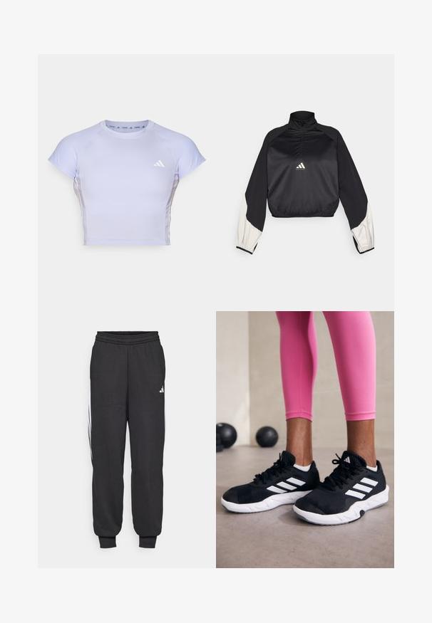 Crni sportski pulover s visokim ovratnikom i polu zatvaračem. Ima bijele akcentirane rukave i elastičnu donju rub. Logo se nalazi u središnjem delu grudi. Glatka tekstura.; Svijetloplava atletska majica kratkih rukava, uskog kroja, s rebrastim detaljima i malim bijelim logom na prsima. Gladak, rastezljiv materijal.; Crne sportske hlače s elastičnim strukom, sužavaju se prema gležnjevima i imaju bijele bočne pruge. Izrađene su od mekog materijala s glatkom teksturom.; Crne atletske cipele s bijelim prugama, gornji dio od teksturirane mrežaste tkanine i bijelim potplatom. Nošene uz ružičaste tajice, prikazujući trenirku.