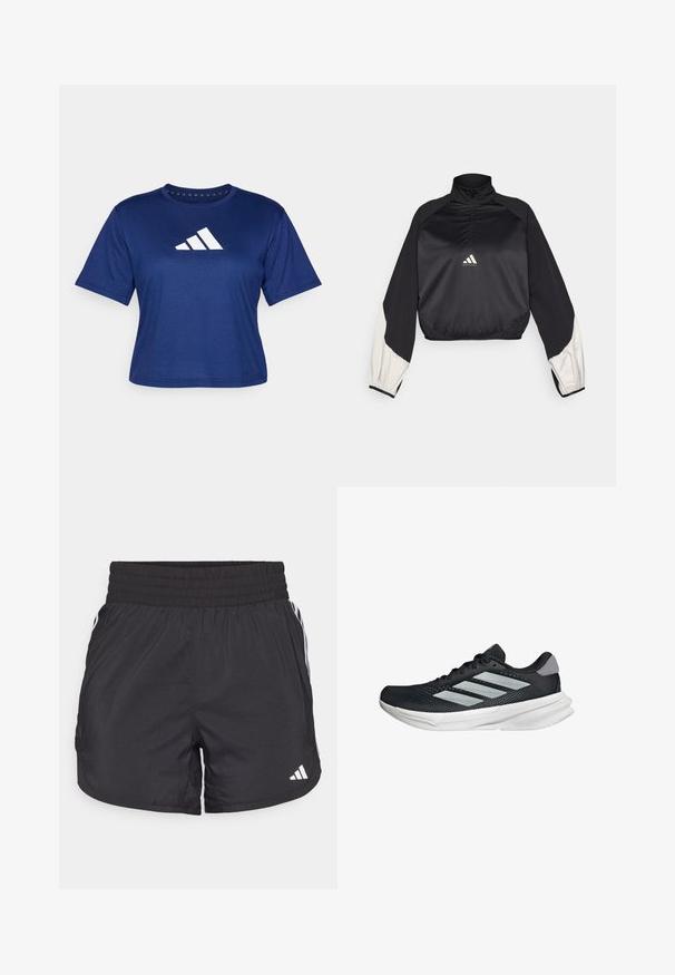 Černý sportovní pulover s vysokým límcem a půlzipem. Má bílé akcentované rukávy a elastické zakončení. Logo umístěné na středu hrudi. Hladká textura.; Námořnická modrá sportovní tričko vyrobené z lehkého materiálu, s krátkým rukávem a bílým logem se třemi šikmými pruhy na přední straně.; Černé sportovní šortky s elastickým pasem, bočními kapsami a bílými pruhy po stranách. Vyrobené z lehkého materiálu.; Černé běžecké boty s vrchní částí z prodyšné síťoviny, třemi stříbrnými pruhy, bílou mezipodešví a texturovanou podešví. Obsahují polstrovaný límec a šněrování.