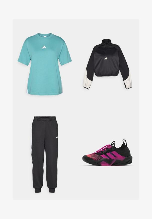 Pullover desportivo preto com gola alta e fecho de meio zip. Apresenta mangas com detalhes brancos e bainha elástica. Logotipo localizado no centro do peito. Textura suave.; T-shirt de algodão turquesa com mangas curtas, decote redondo e logótipo branco da Adidas no peito. Os detalhes laterais apresentam riscas brancas.; Calças atléticas pretas com uma cintura elástica, tornozelos ajustados e riscas brancas laterais. Feitas de um tecido suave com uma textura lisa.; Sapatilha atlética preta e rosa com um upper texturizado, design padrão, atacadores proeminentes e uma sola robusta com detalhes em rosa.